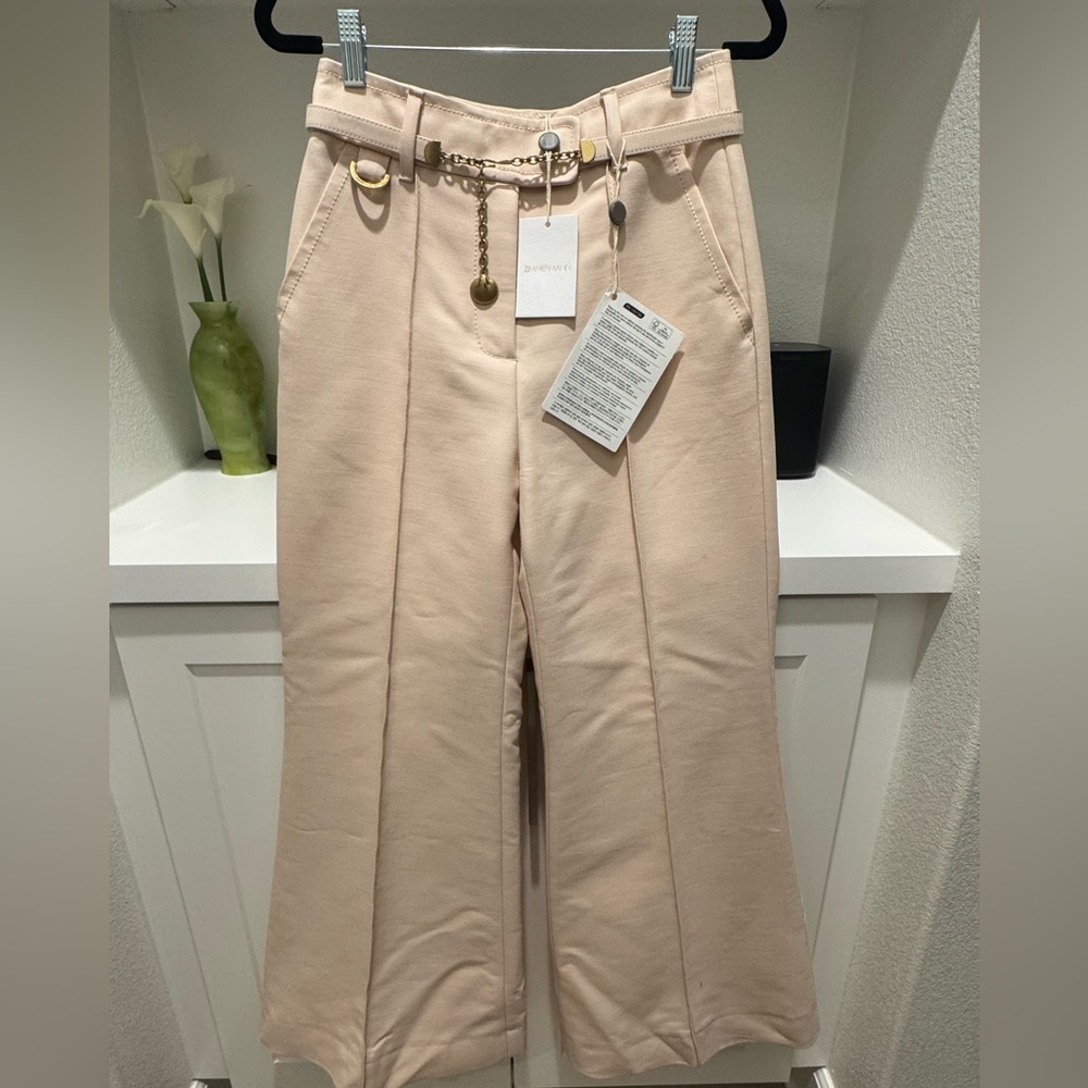 Zimmermann Pale Pink Wide-Leg Pants with Gold Chain Belt
